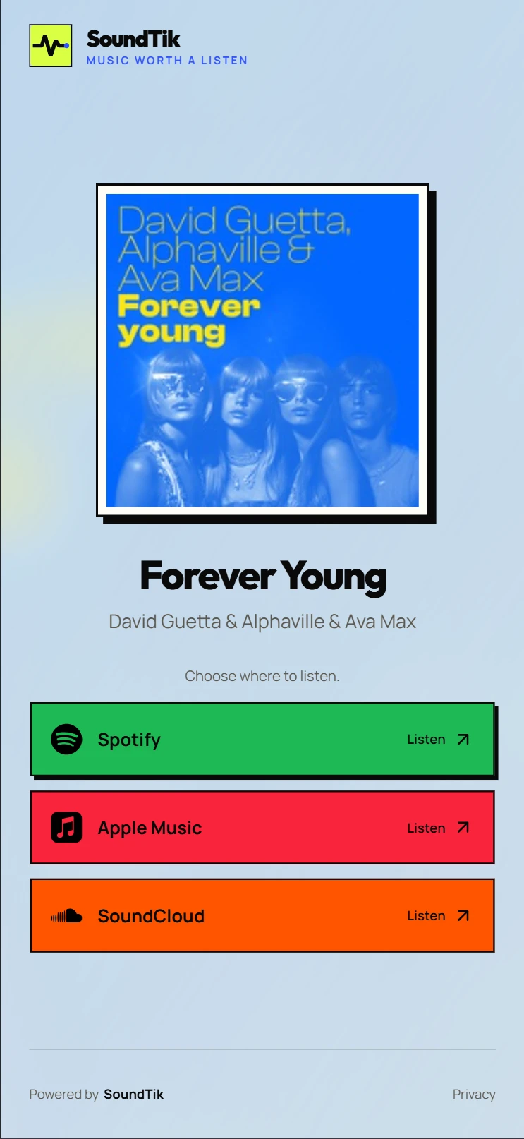 SoundTik song page where listeners choose Spotify, Apple Music or SoundCloud