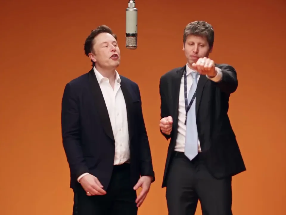Two AI-recast performers in an orange studio